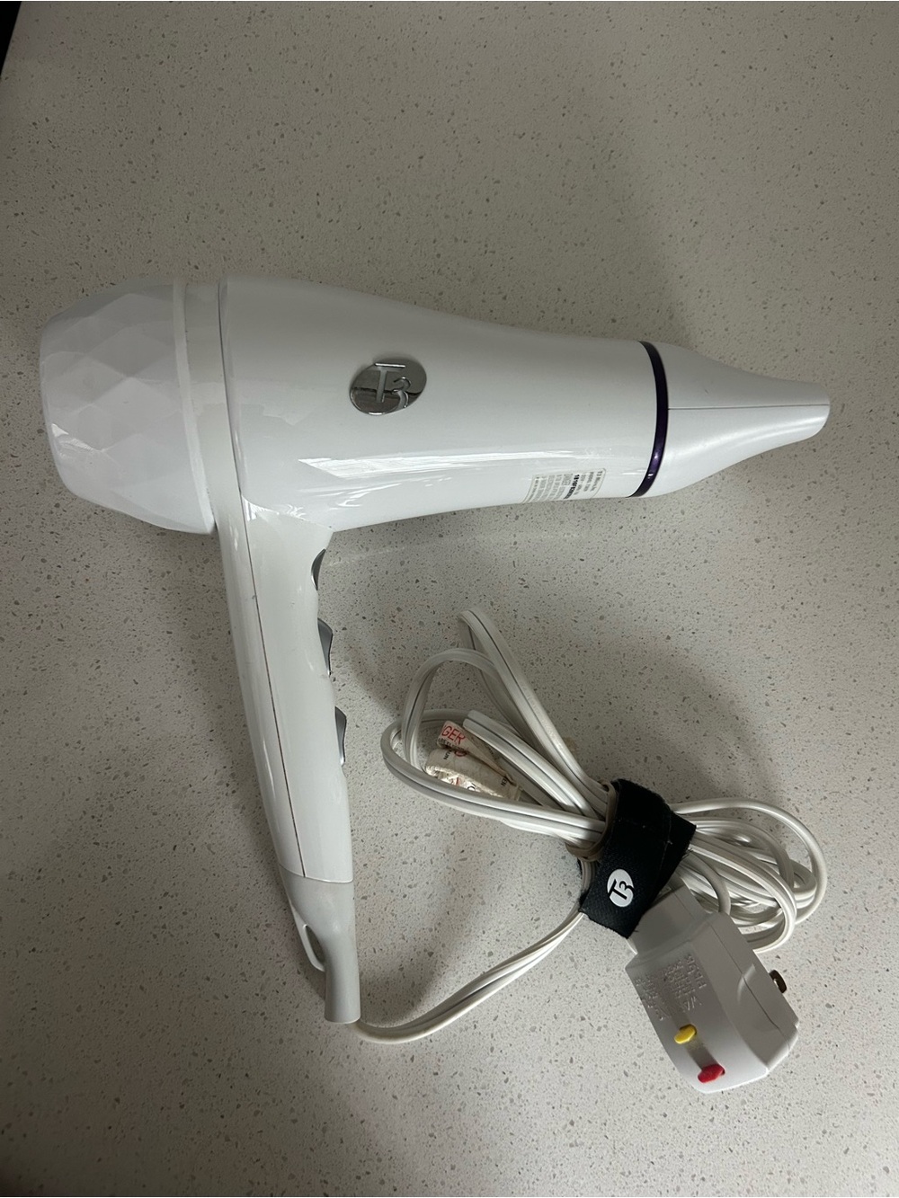 T3 White Hair Dryer with Purple Accent